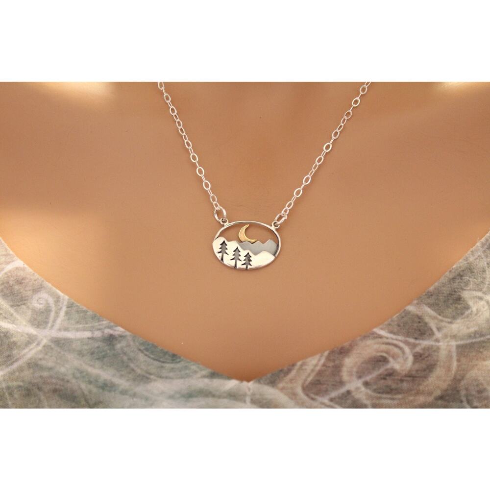 Silver Oval Mountain Pendant with Trees and Moon Necklace